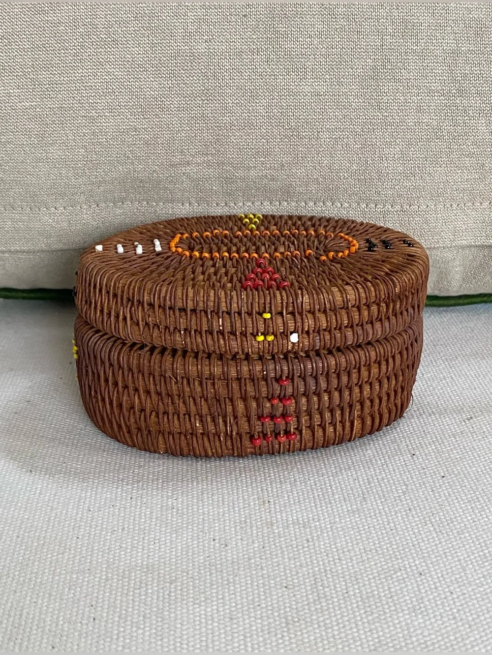 2 VTG Indonesian Lombok Handwoven Rattan Beaded Trinket Box Lid Seed Bead Accent